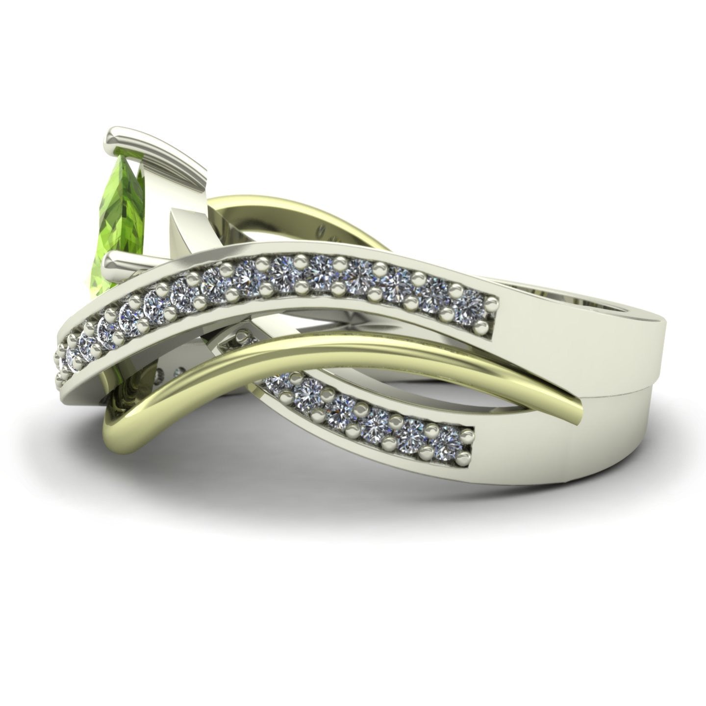 trillion peridot and diamond two tone abstract ring in 14k white and green gold - Charles Babb Designs - side view