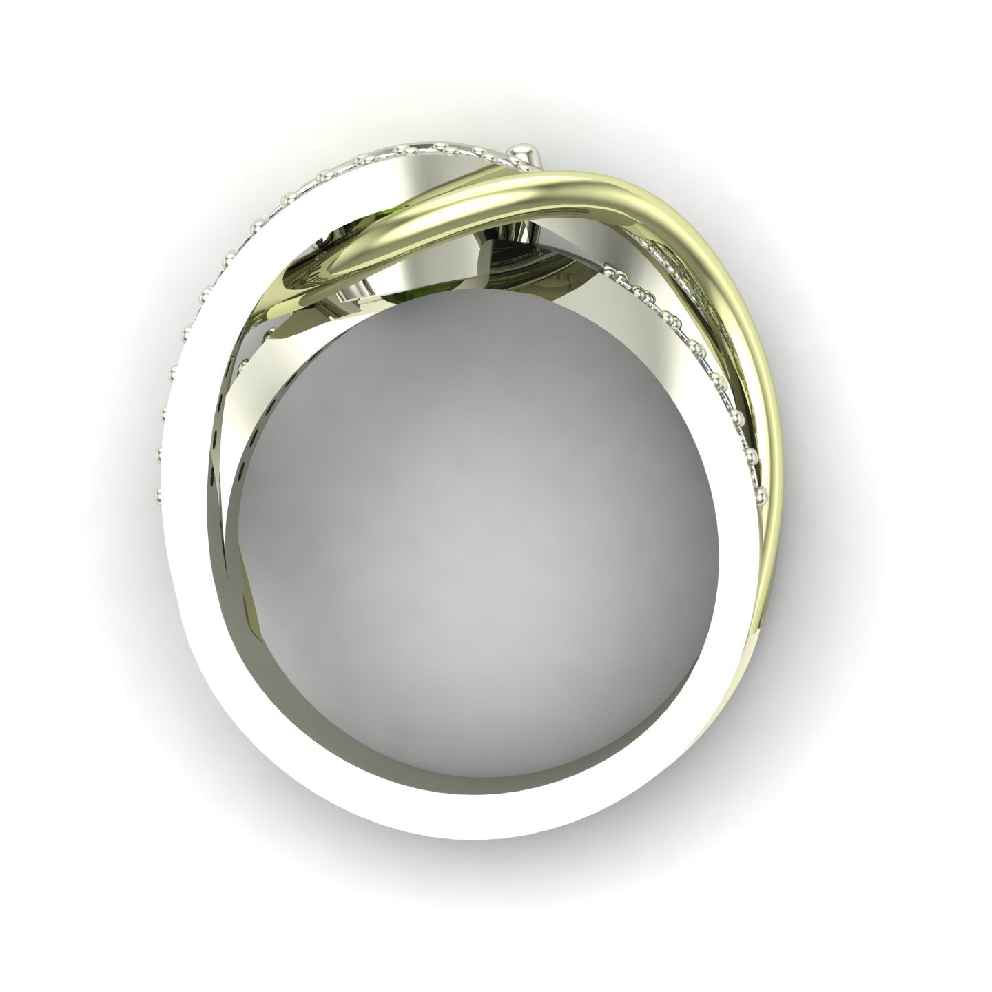 trillion peridot and diamond two tone abstract ring in 14k white and green gold - Charles Babb Designs - through finger view
