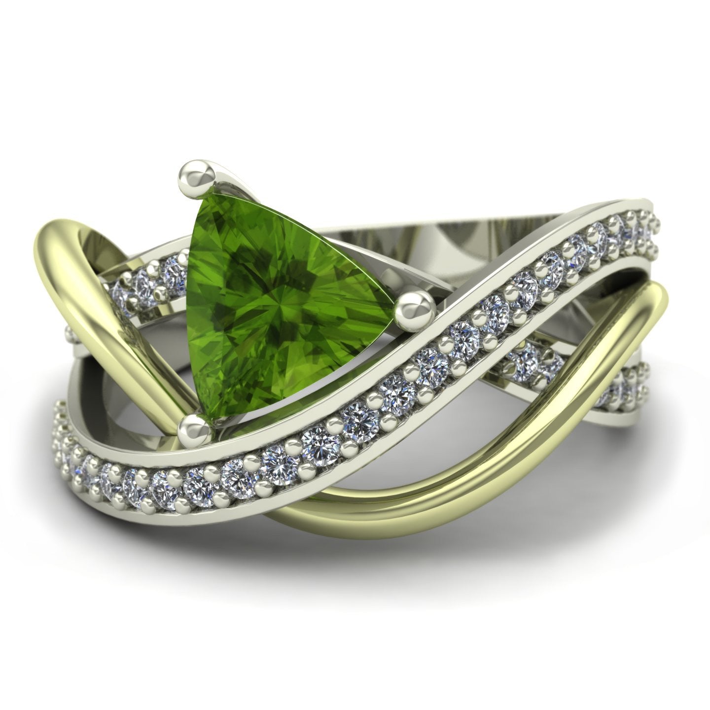 trillion peridot and diamond two tone abstract ring in 14k white and green gold - Charles Babb Designs - top view