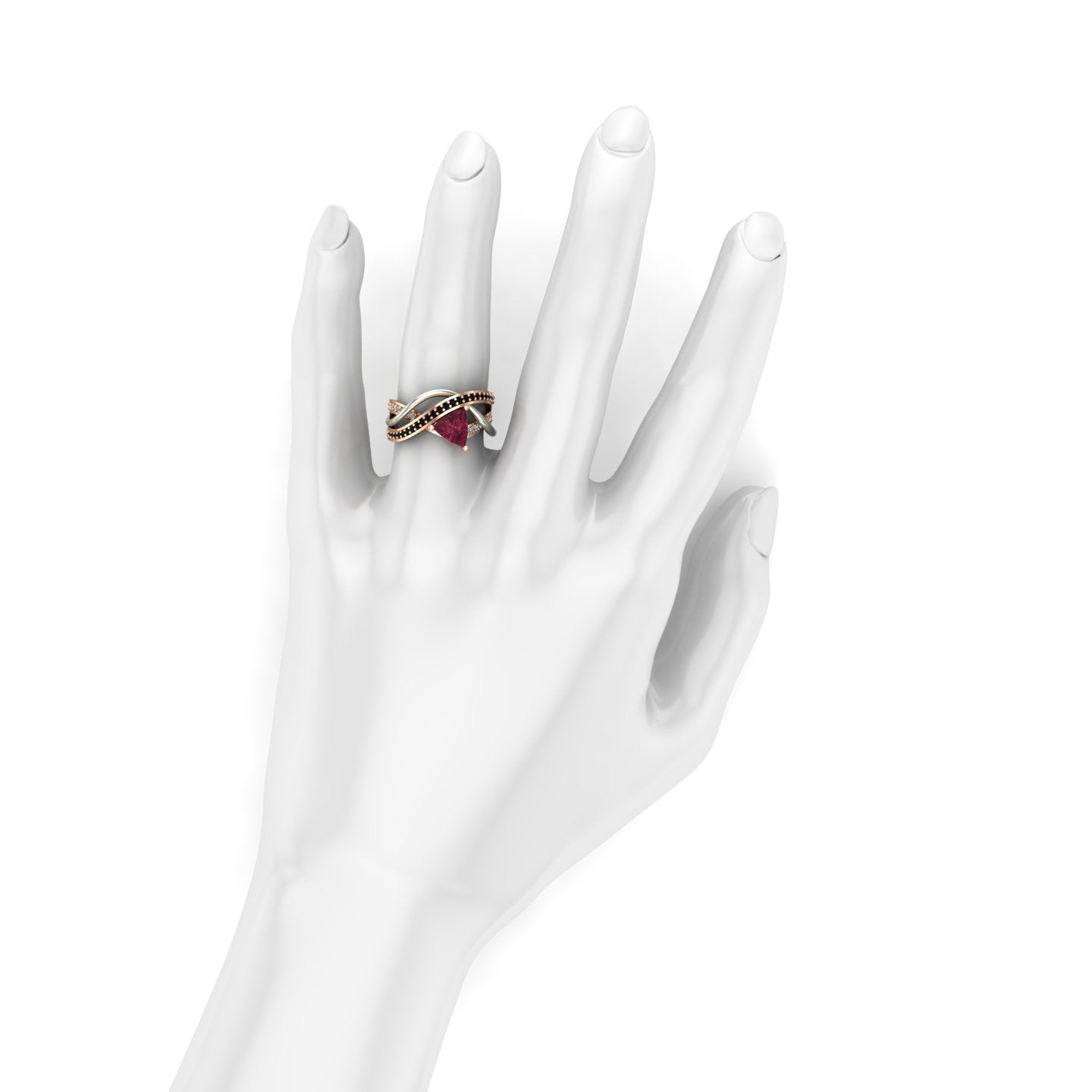 trillion pink tourmaline and diamond two tone abstract ring in 14k rose and white gold - Charles Babb Designs - on hand