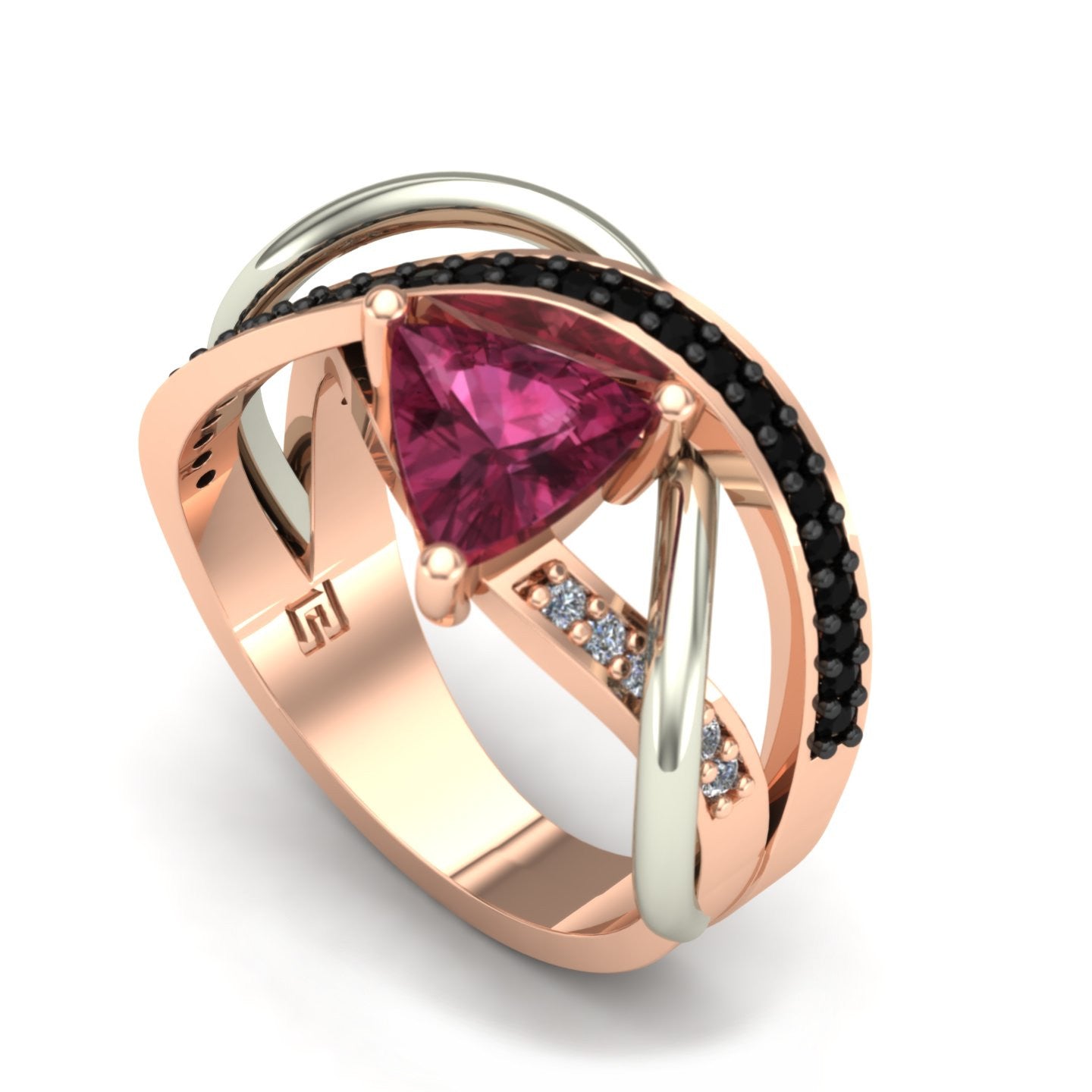 trillion pink tourmaline and diamond two tone abstract ring in 14k rose and white gold - Charles Babb Designs