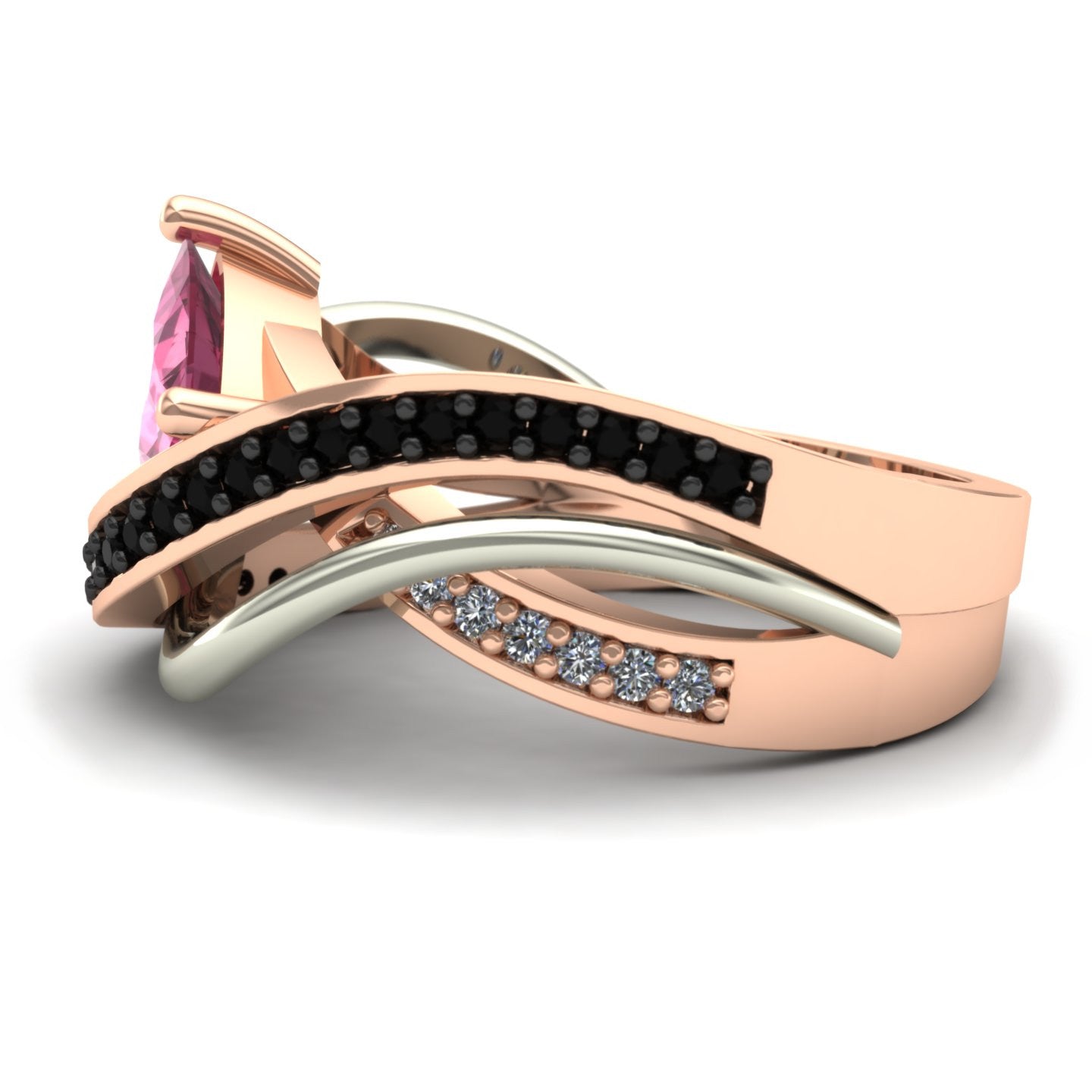 trillion pink tourmaline and diamond two tone abstract ring in 14k rose and white gold - Charles Babb Designs - side view