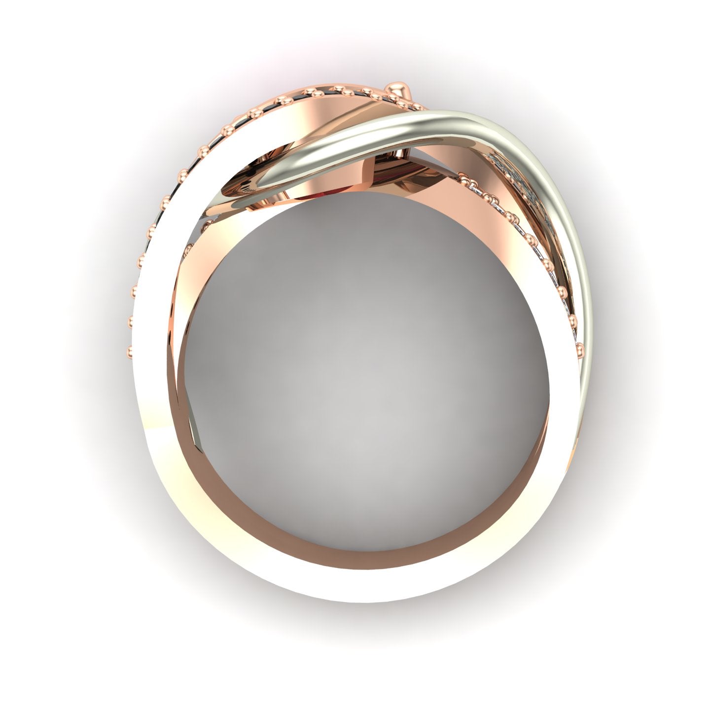 trillion pink tourmaline and diamond two tone abstract ring in 14k rose and white gold - Charles Babb Designs - through finger view