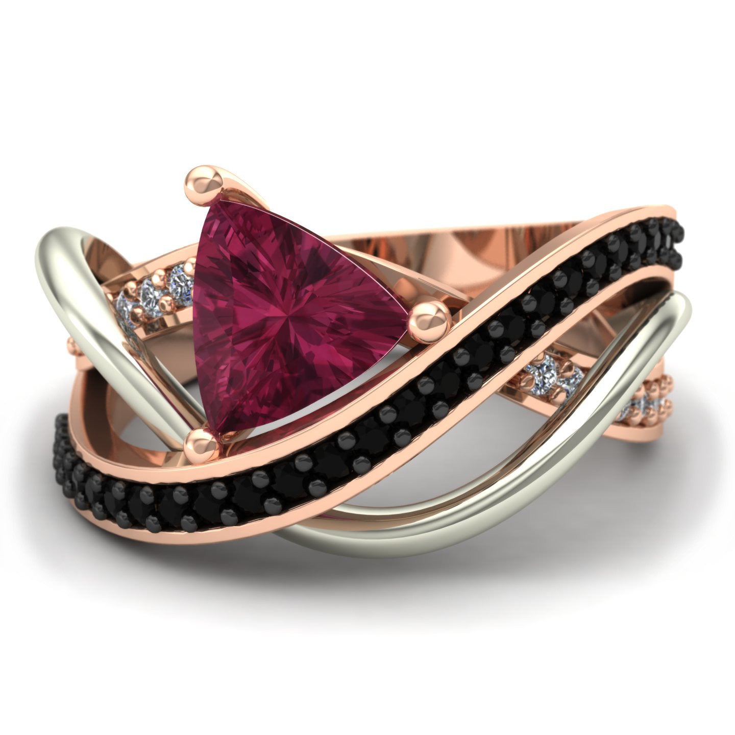 trillion pink tourmaline and diamond two tone abstract ring in 14k rose and white gold - Charles Babb Designs - top view