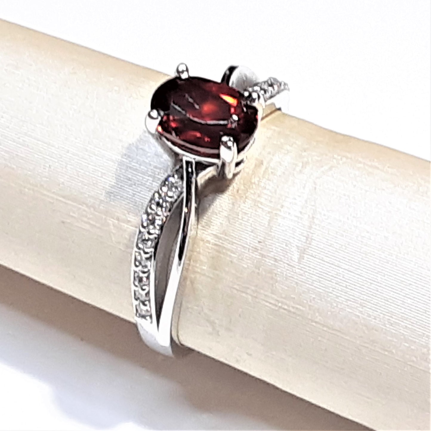 Ready to Ship oval garnet twist ring in 14k white gold