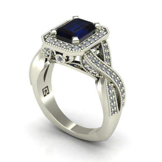 emerald cut blue sapphire and diamond halo ring crossover shank in 14k white gold - Charles Babb Designs