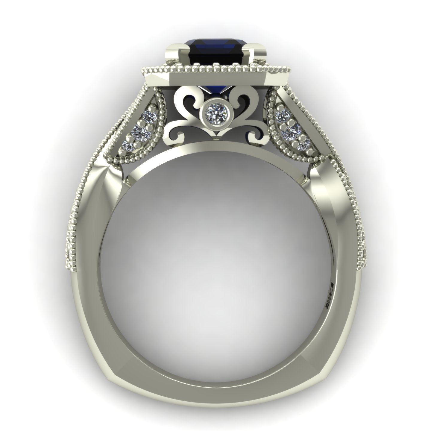 emerald cut blue sapphire and diamond halo ring crossover shank in 14k white gold - Charles Babb Designs - through finger view