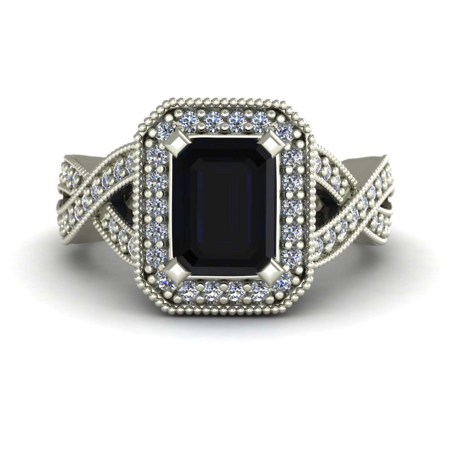 emerald cut blue sapphire and diamond halo ring crossover shank in 14k white gold - Charles Babb Designs - top view