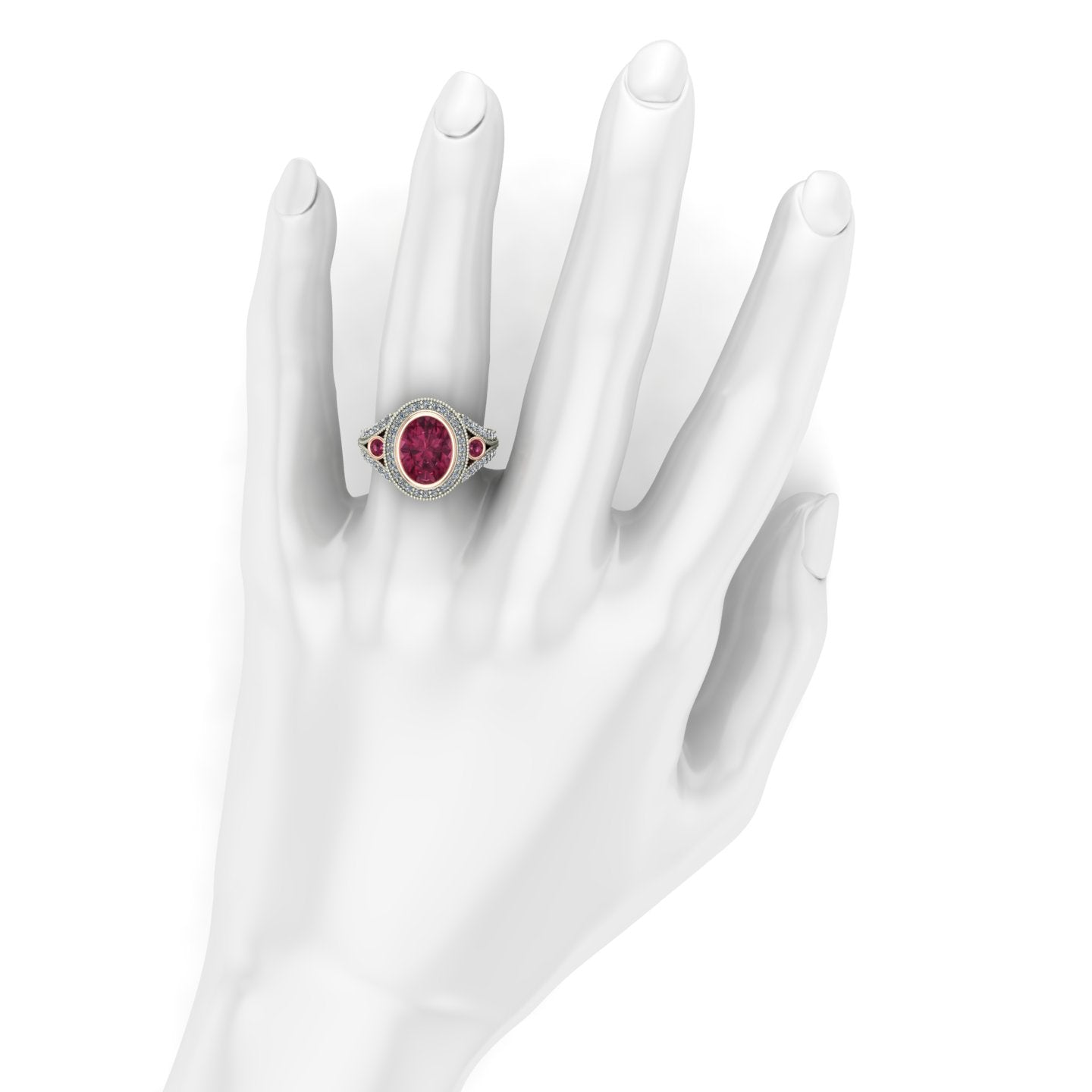 oval bezel set pink tourmaline and diamond two tone split shank ring in 14k rose and white gold - Charles Babb Designs - on hand