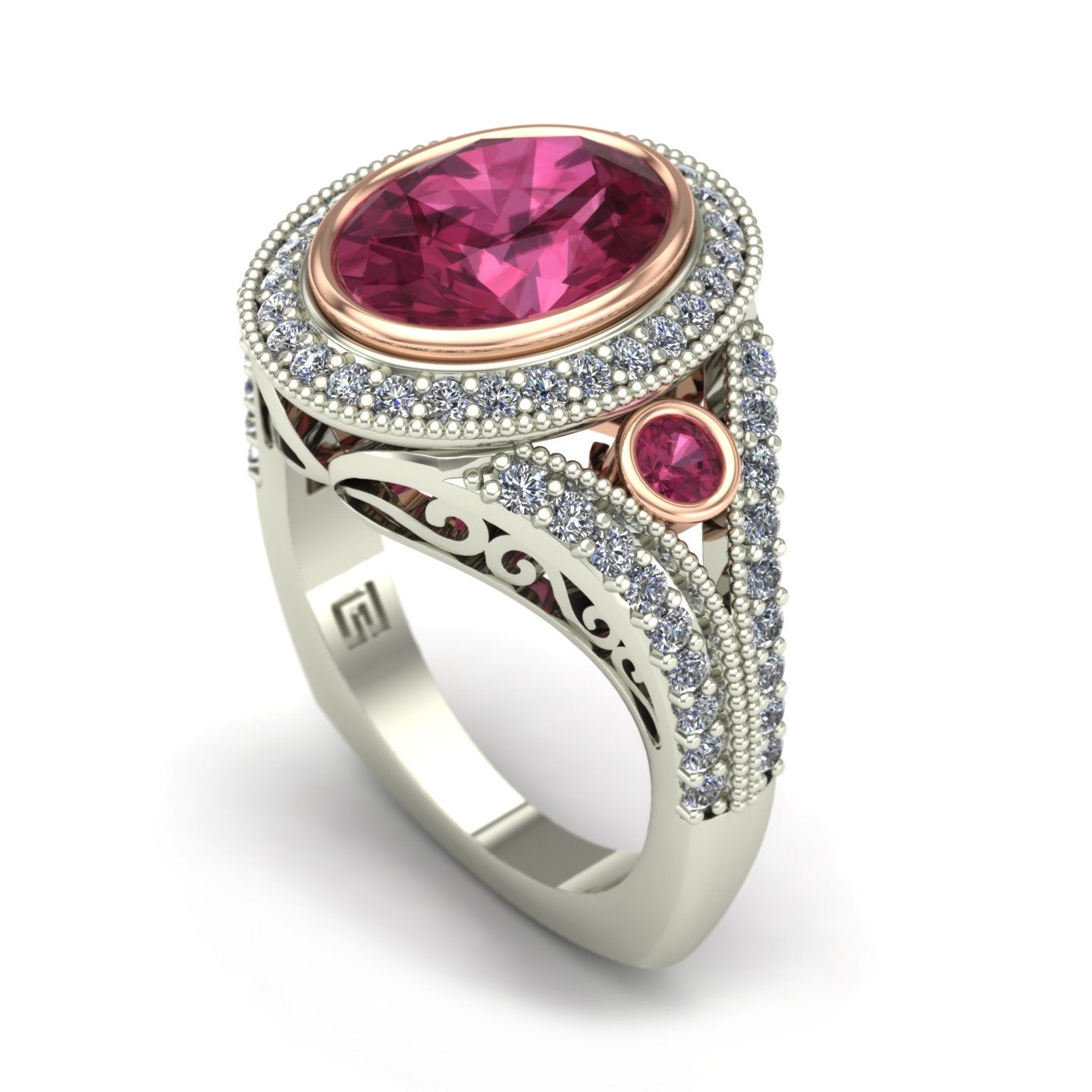 oval bezel set pink tourmaline and diamond two tone split shank ring in 14k rose and white gold - Charles Babb Designs