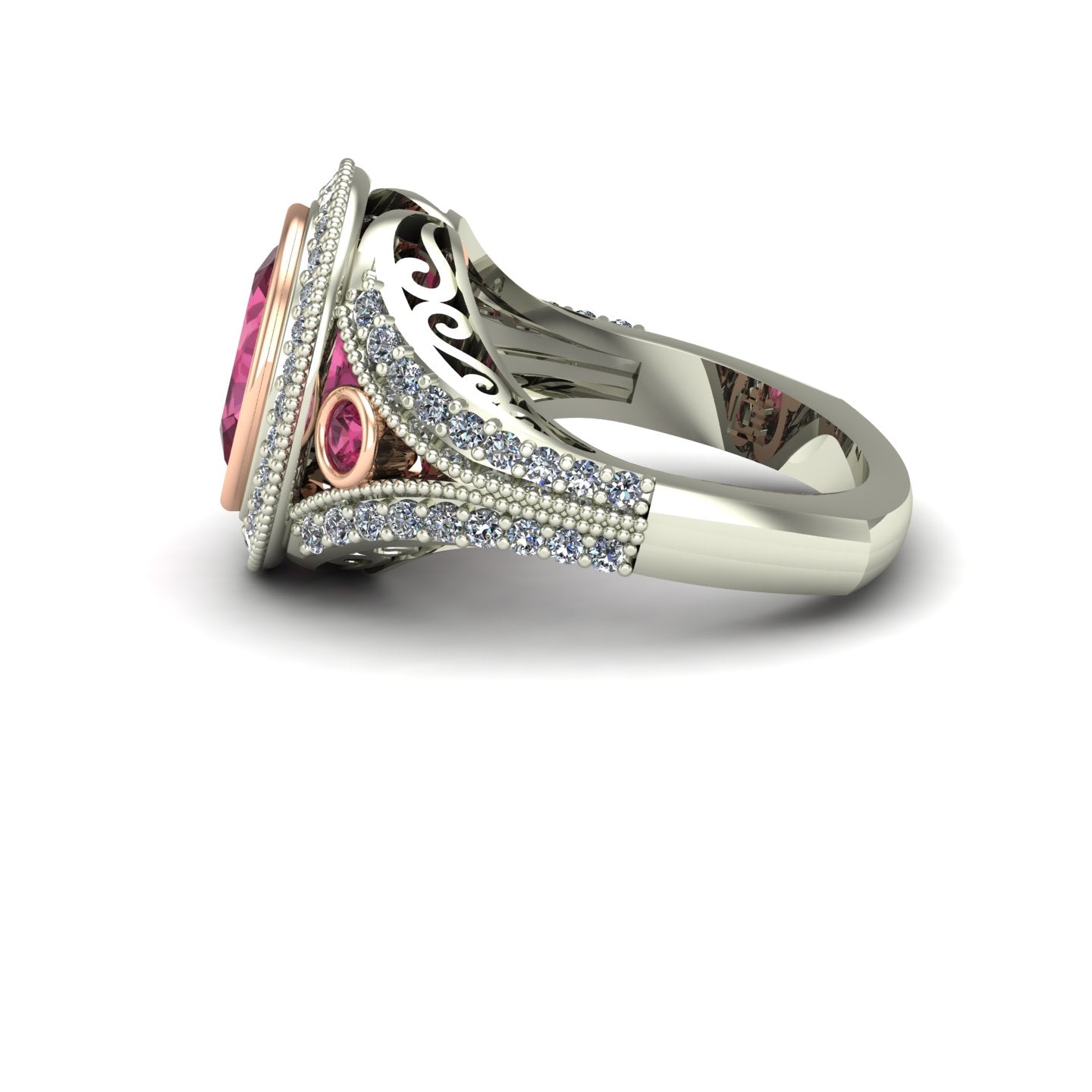 oval bezel set pink tourmaline and diamond two tone split shank ring in 14k rose and white gold - Charles Babb Designs - side view