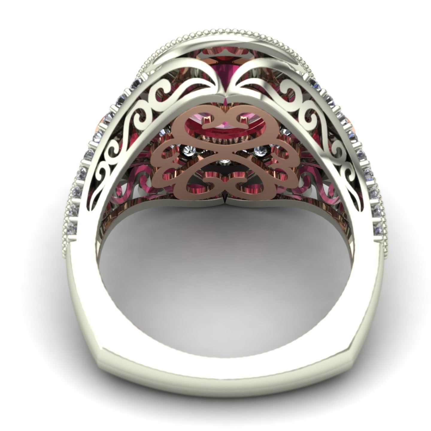 oval bezel set pink tourmaline and diamond two tone split shank ring in 14k rose and white gold - Charles Babb Designs - through finger view