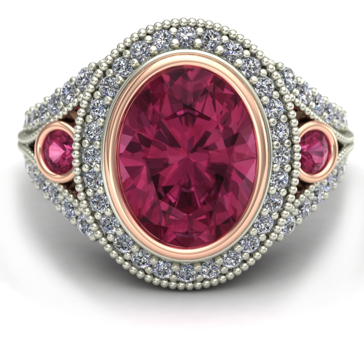 oval bezel set pink tourmaline and diamond two tone split shank ring in 14k rose and white gold - Charles Babb Designs - top view