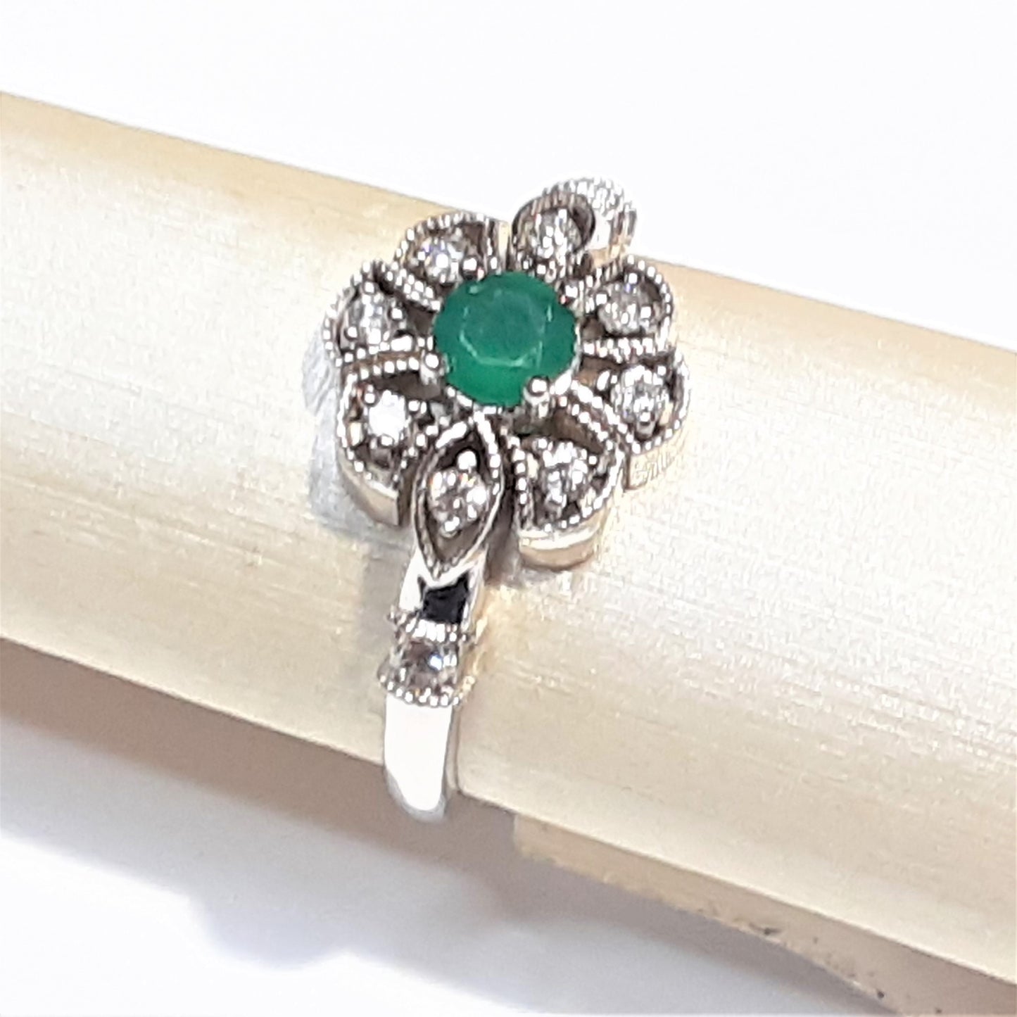 Ready to ship emerald and diamond Art Deco style ring in 14k white gold