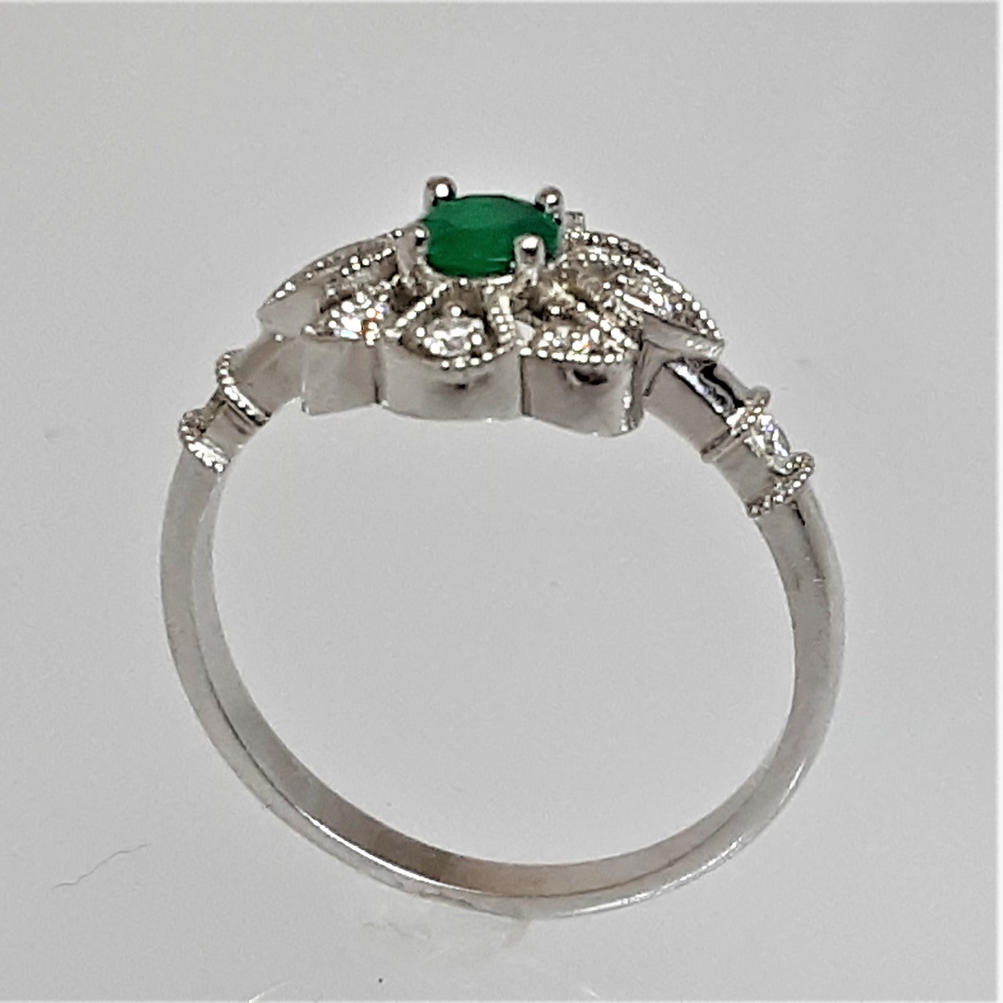 Ready to ship emerald and diamond Art Deco style ring in 14k white gold