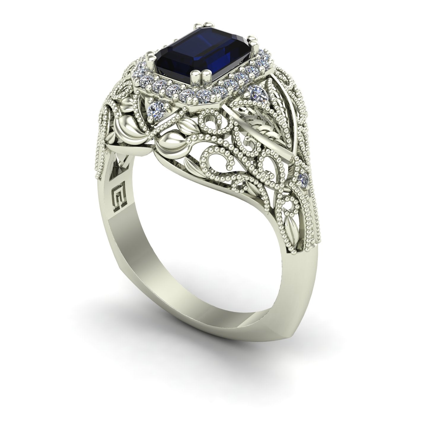 emerald cut blue sapphire and diamond ring with leaves in 14k white gold - Charles Babb Designs