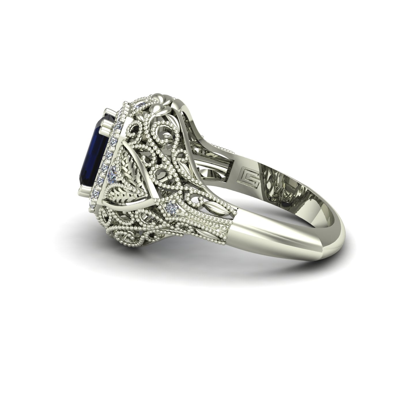 emerald cut blue sapphire and diamond ring with leaves in 14k white gold - Charles Babb Designs - side view