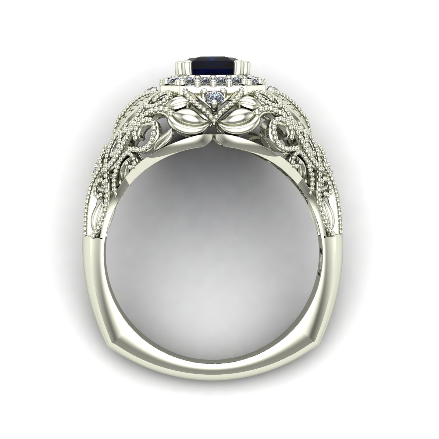 emerald cut blue sapphire and diamond ring with leaves in 14k white gold - Charles Babb Designs - through finger view