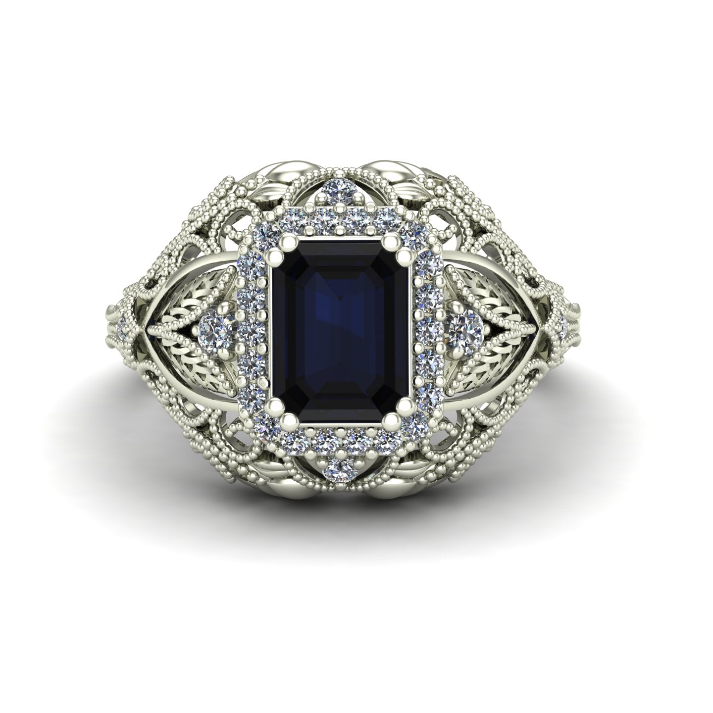 emerald cut blue sapphire and diamond ring with leaves in 14k white gold - Charles Babb Designs - top view
