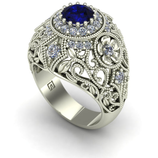 blue sapphire and diamond large dome cocktail ring in 14k white gold - Charles Babb Designs