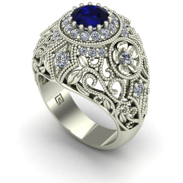 Blue sapphire and diamond large dome cocktail ring in 14k white gold