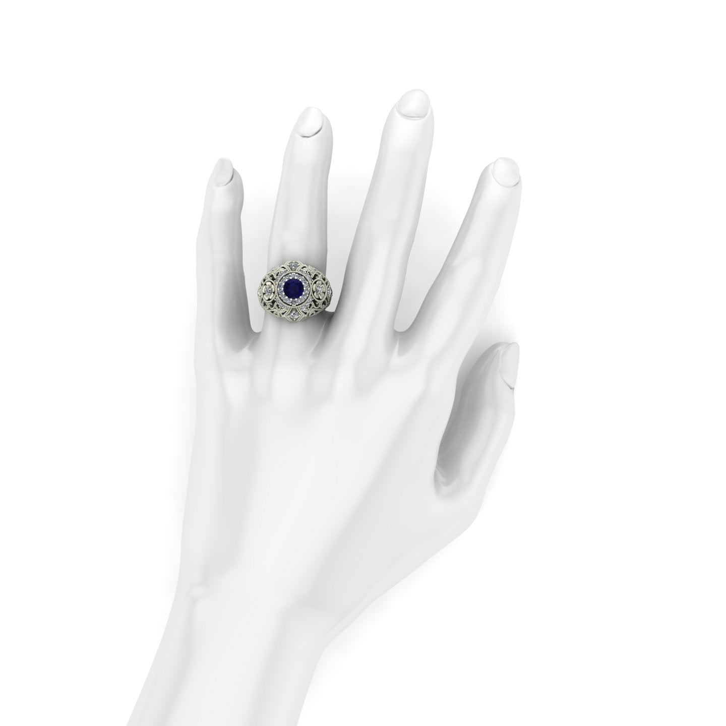 blue sapphire and diamond large dome cocktail ring in 14k white gold - Charles Babb Designs - on hand