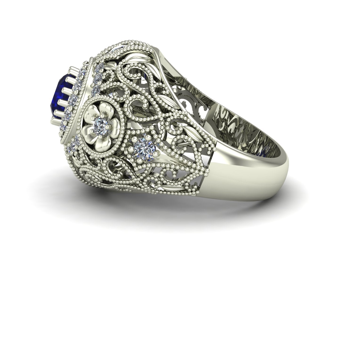 blue sapphire and diamond large dome cocktail ring in 14k white gold - Charles Babb Designs - side view