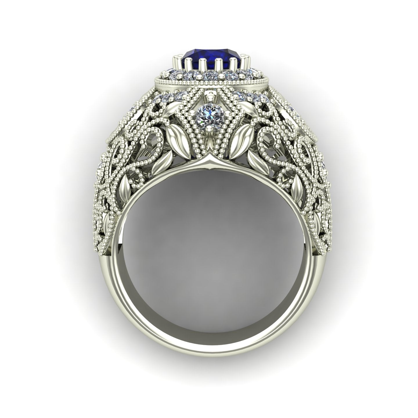 blue sapphire and diamond large dome cocktail ring in 14k white gold - Charles Babb Designs - through finger view