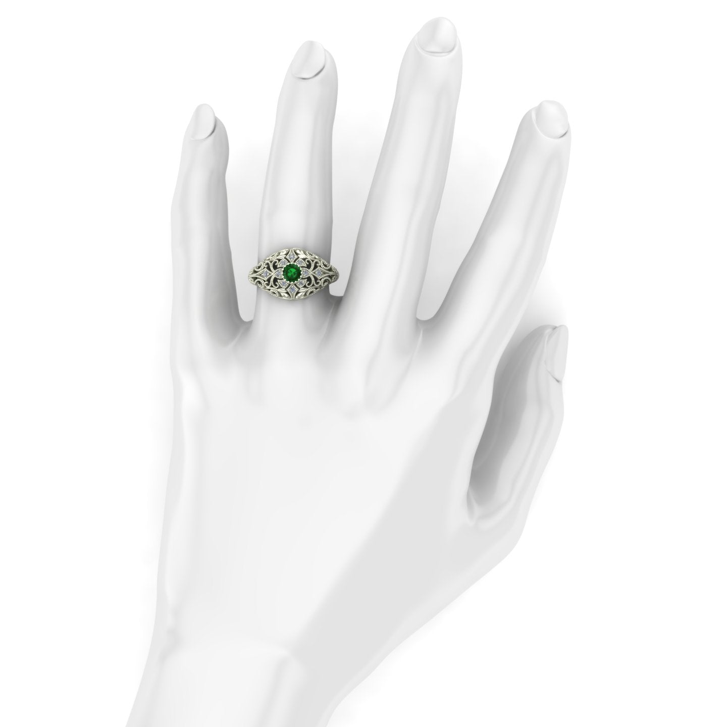 Emerald and diamond dome ring with leaves and vines in 14k white gold - Charles Babb Designs - on hand