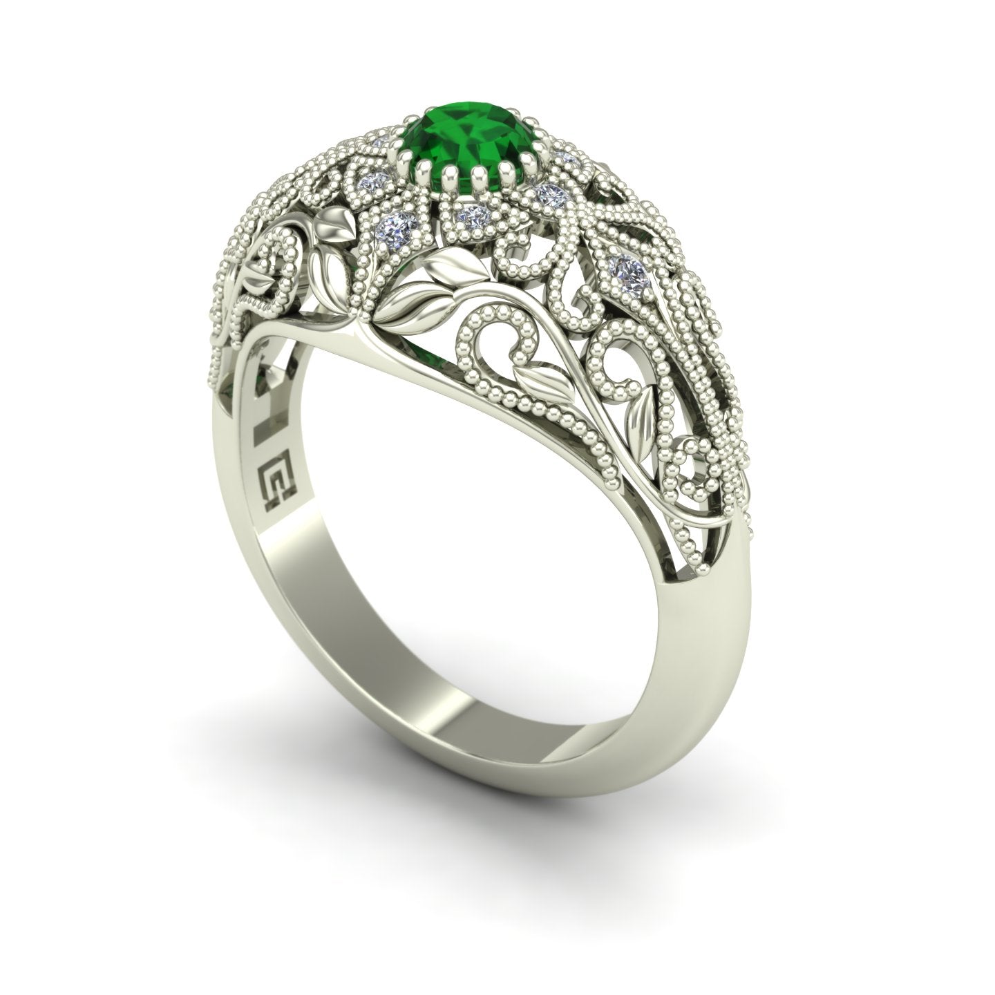 Emerald and diamond dome ring with leaves and vines in 14k white gold - Charles Babb Designs