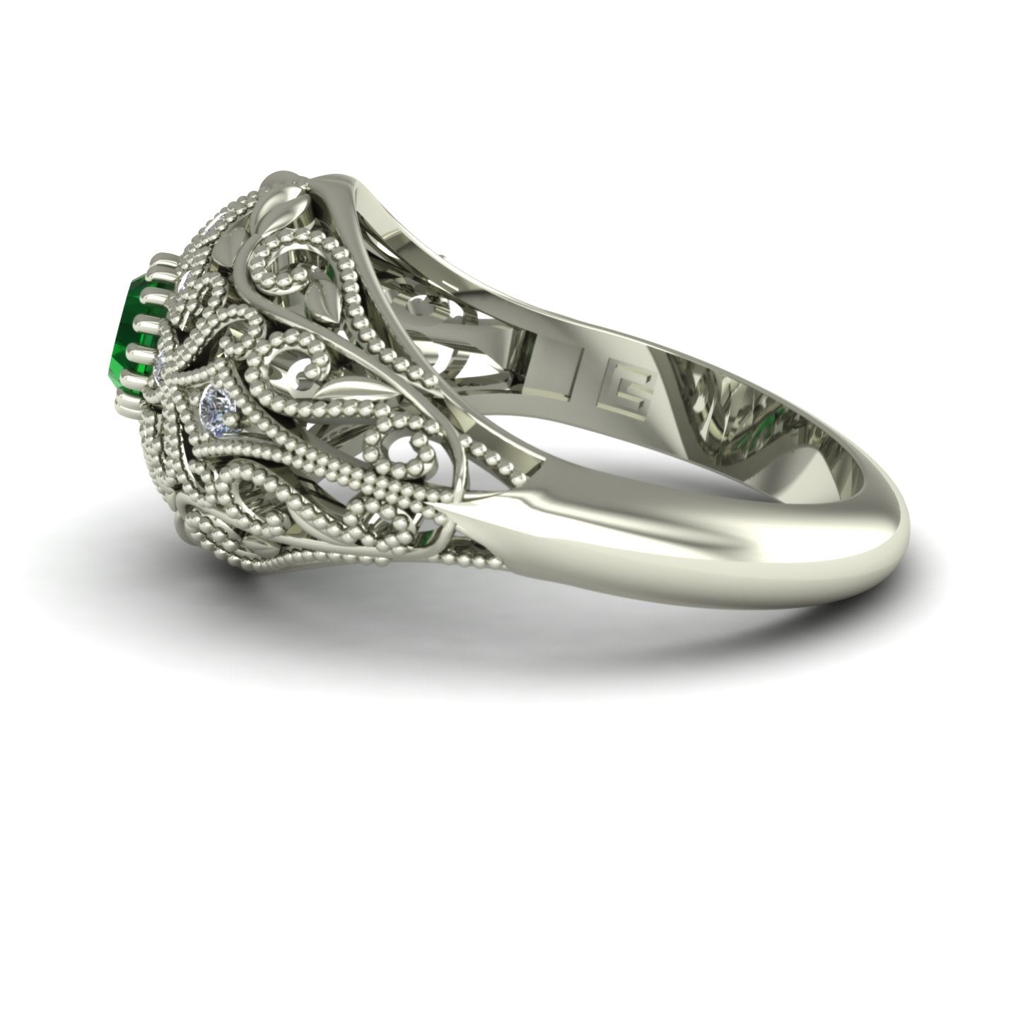 Emerald and diamond dome ring with leaves and vines in 14k white gold - Charles Babb Designs - side view