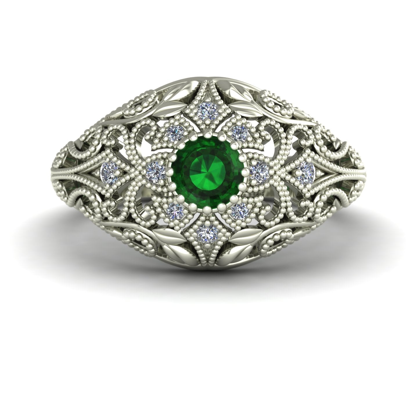 Emerald and diamond dome ring with leaves and vines in 14k white gold - Charles Babb Designs - top view