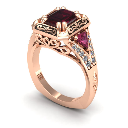 emerald cut rhodolite garnet trillion pink tourmaline and diamond split shank ring in 14k rose gold - Charles Babb Designs