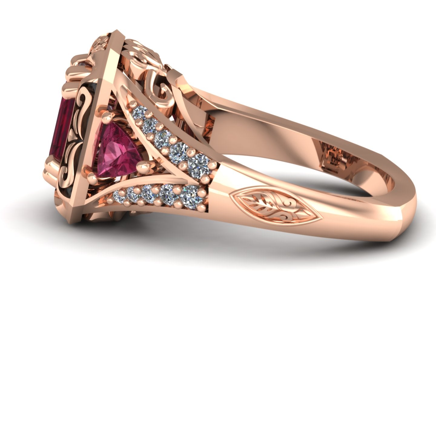 emerald cut rhodolite garnet trillion pink tourmaline and diamond split shank ring in 14k rose gold - Charles Babb Designs - side view