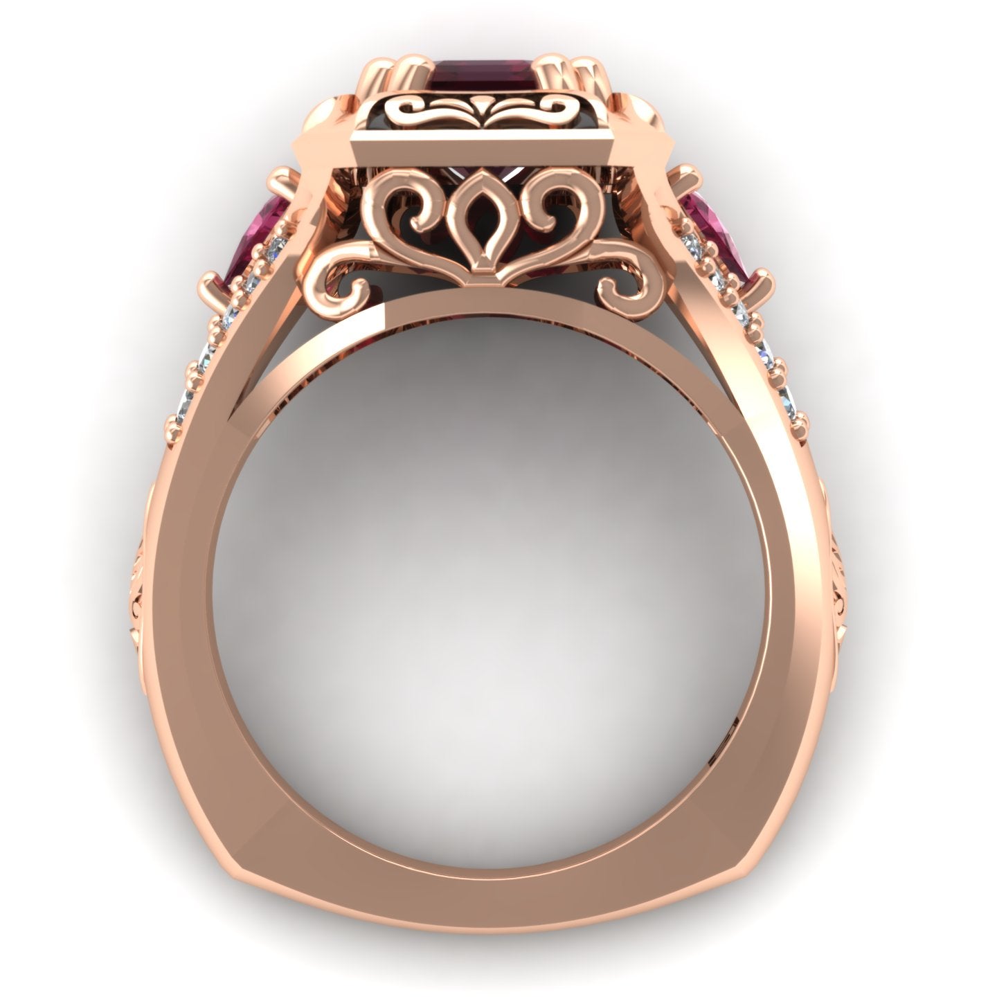 emerald cut rhodolite garnet trillion pink tourmaline and diamond split shank ring in 14k rose gold - Charles Babb Designs - through finger view