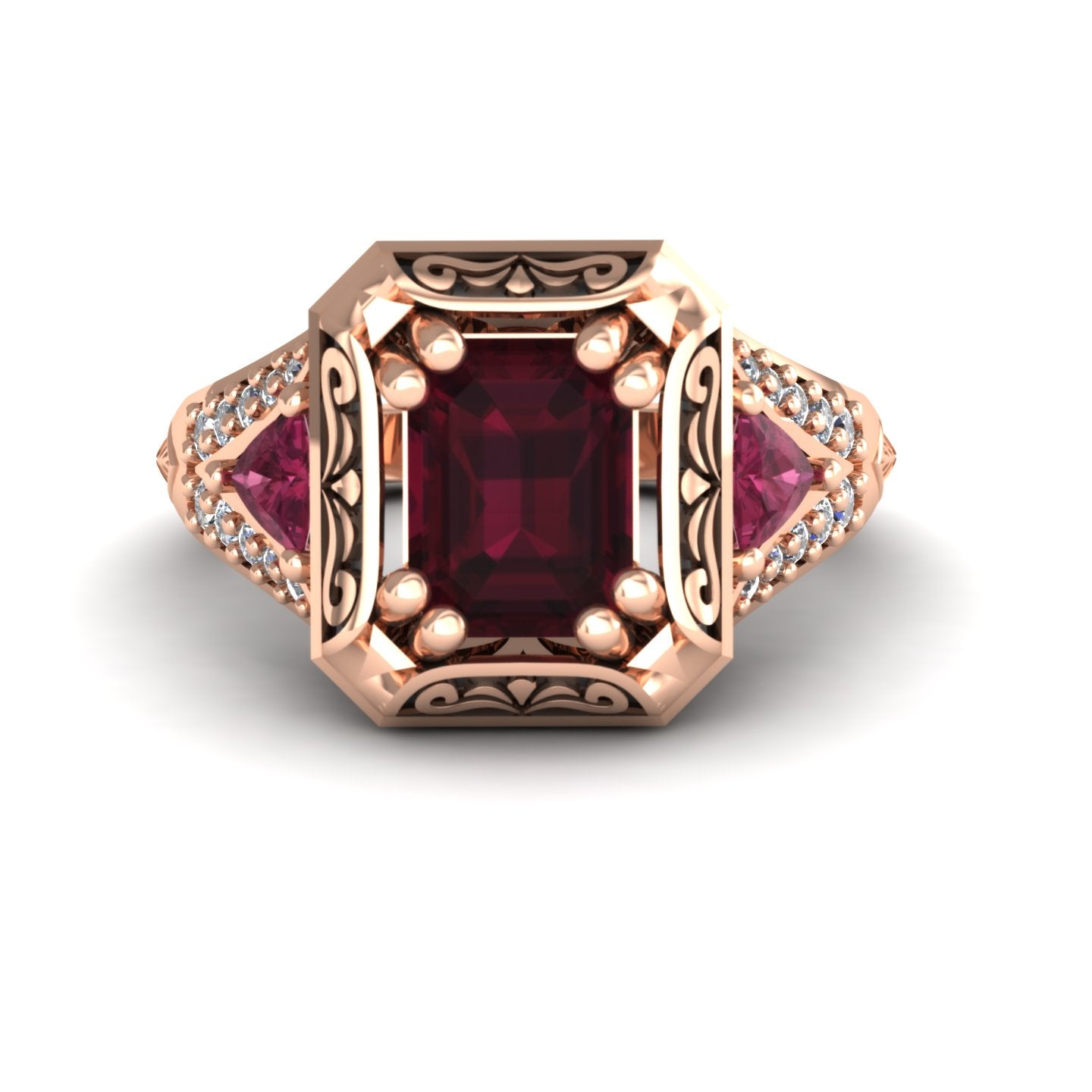 emerald cut rhodolite garnet trillion pink tourmaline and diamond split shank ring in 14k rose gold - Charles Babb Designs - top view