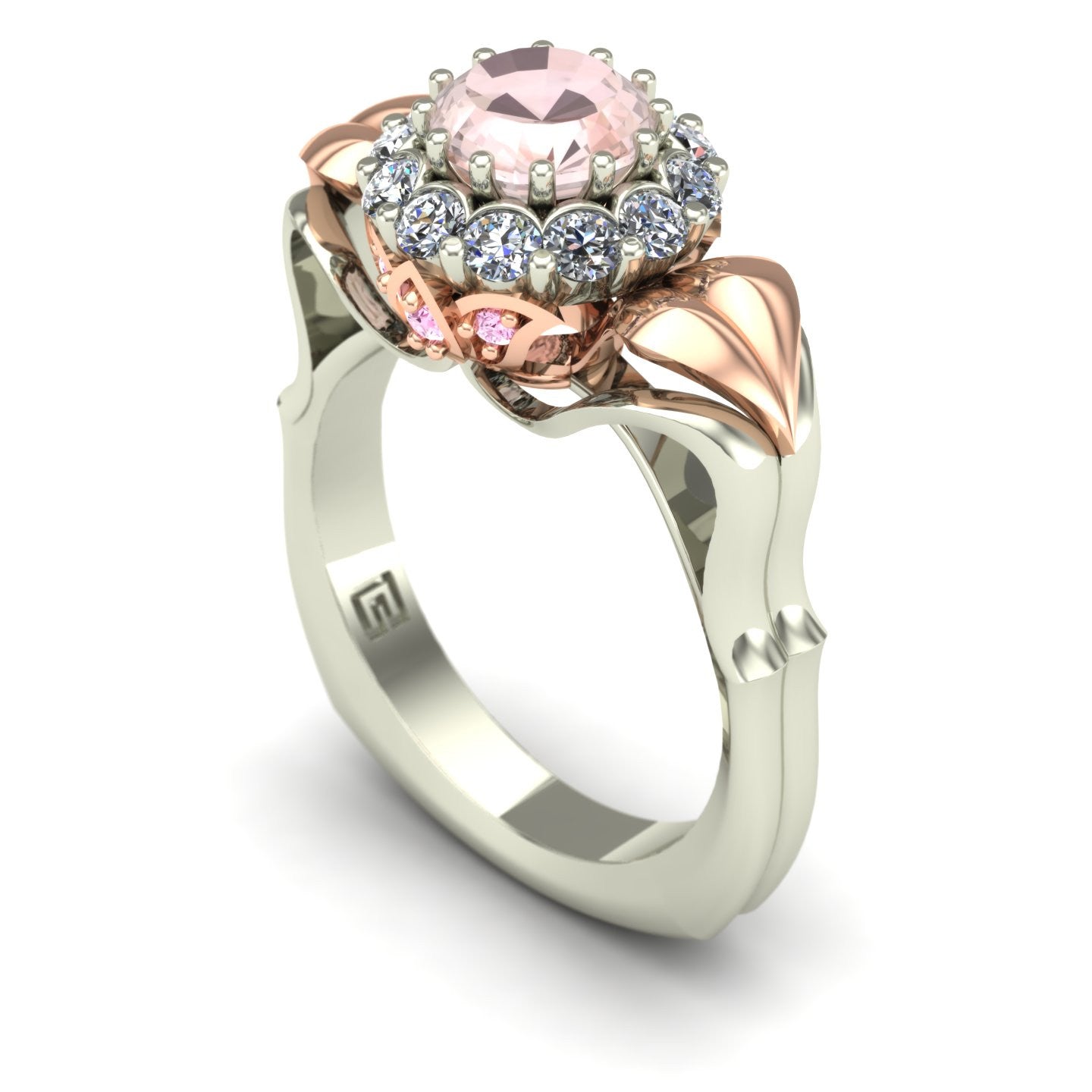 Morganite two tone flower ring with pink diamonds in 14k rose and white gold - Charles Babb Designs