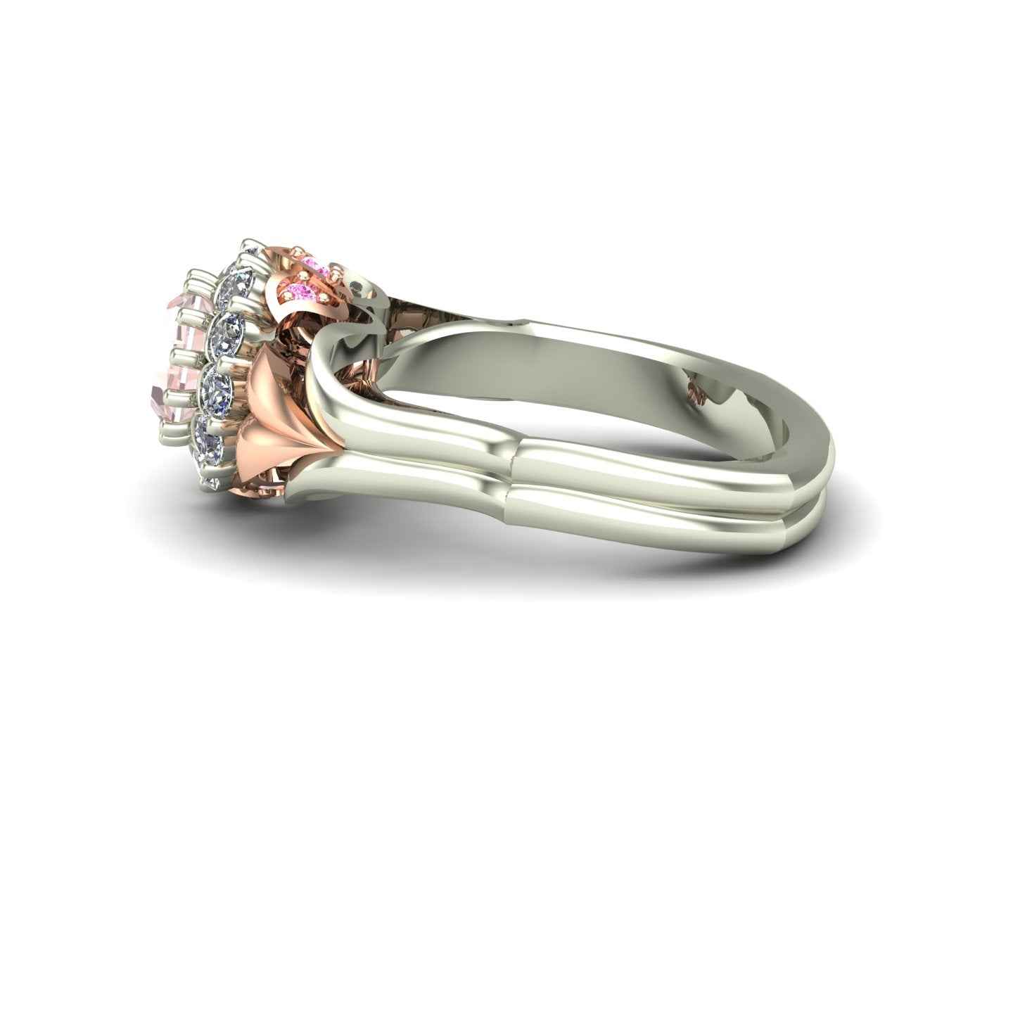 Morganite two tone flower ring with pink diamonds in 14k rose and white gold - Charles Babb Designs - side view