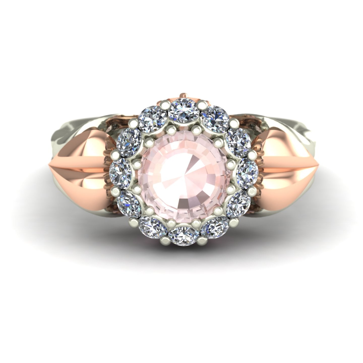 Morganite two tone flower ring with pink diamonds in 14k rose and white gold - Charles Babb Designs - top view