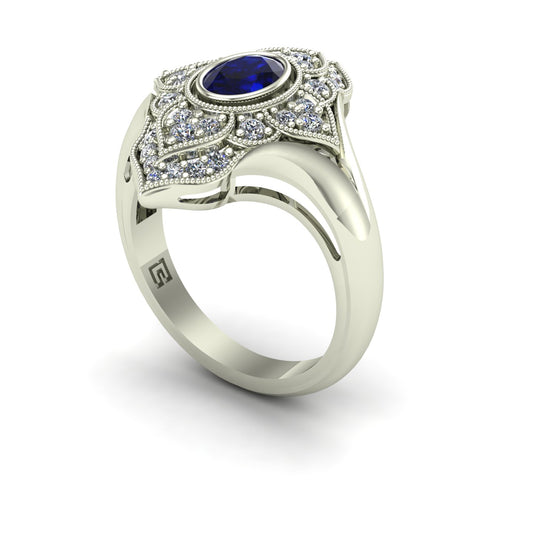 bezel set oval blue sapphire and diamond paneled ring in 14k white gold - Charles Babb Designs