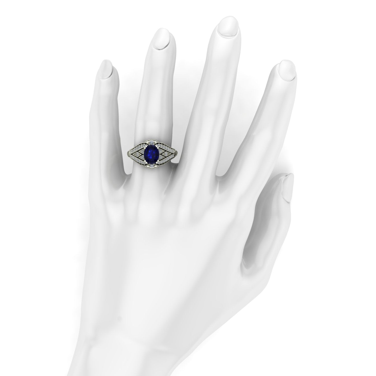 oval blue sapphire and diamond vintage inspired ring 14k white gold - Charles Babb Designs - on hand