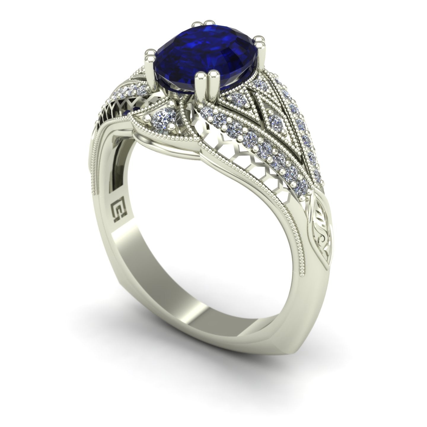 oval blue sapphire and diamond vintage inspired ring 14k white gold - Charles Babb Designs