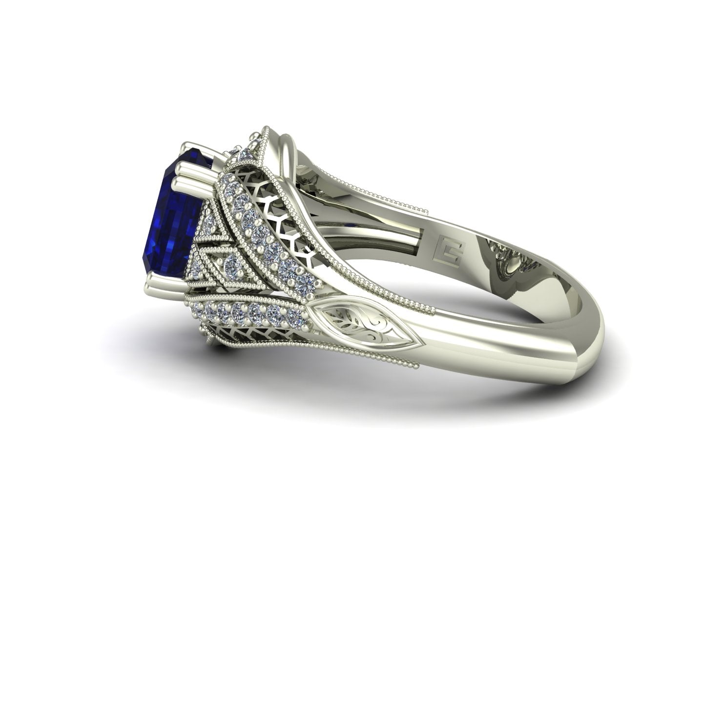 oval blue sapphire and diamond vintage inspired ring 14k white gold - Charles Babb Designs - side view