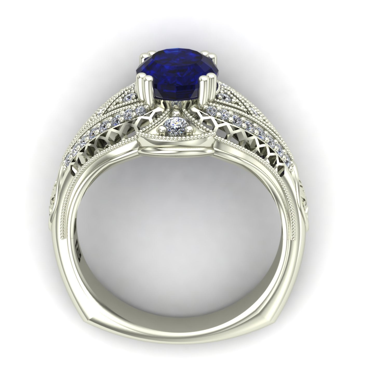oval blue sapphire and diamond vintage inspired ring 14k white gold - Charles Babb Designs - through finger view