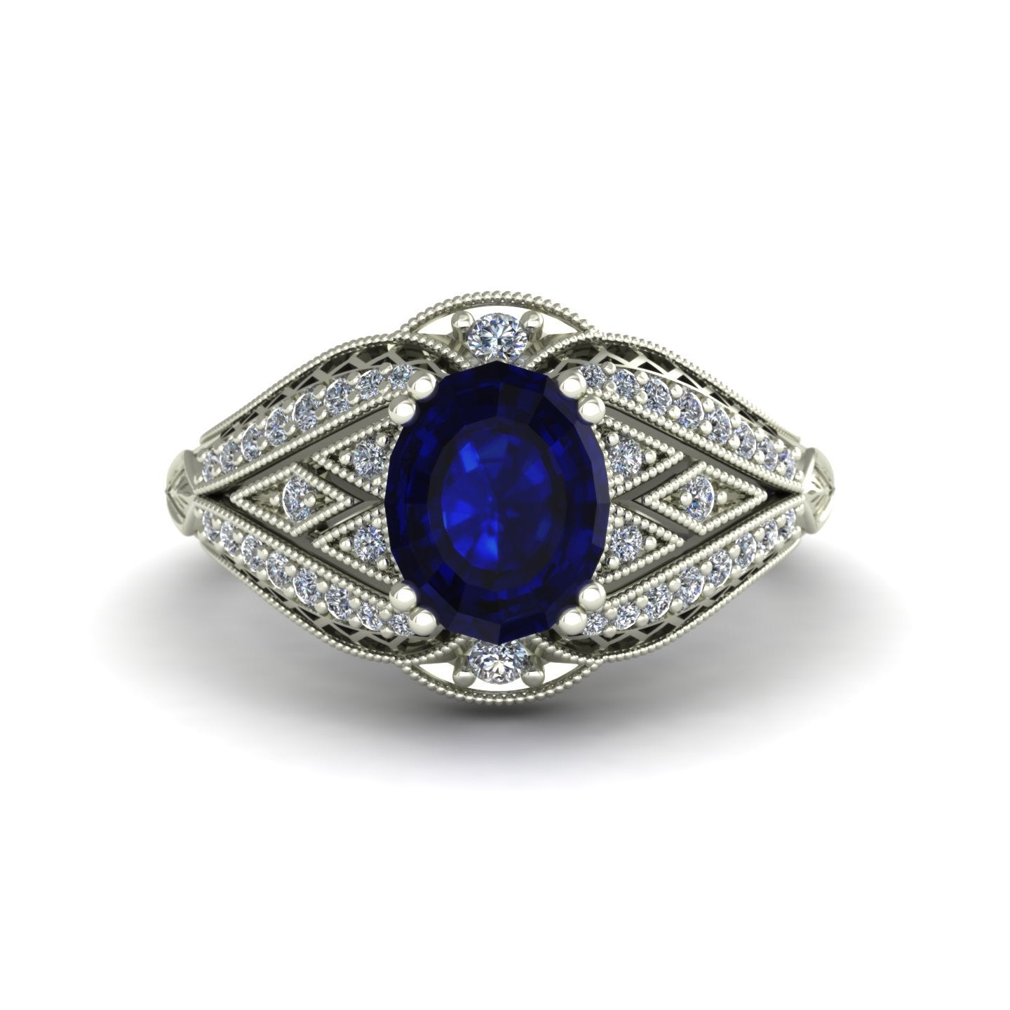 oval blue sapphire and diamond vintage inspired ring 14k white gold - Charles Babb Designs - top view