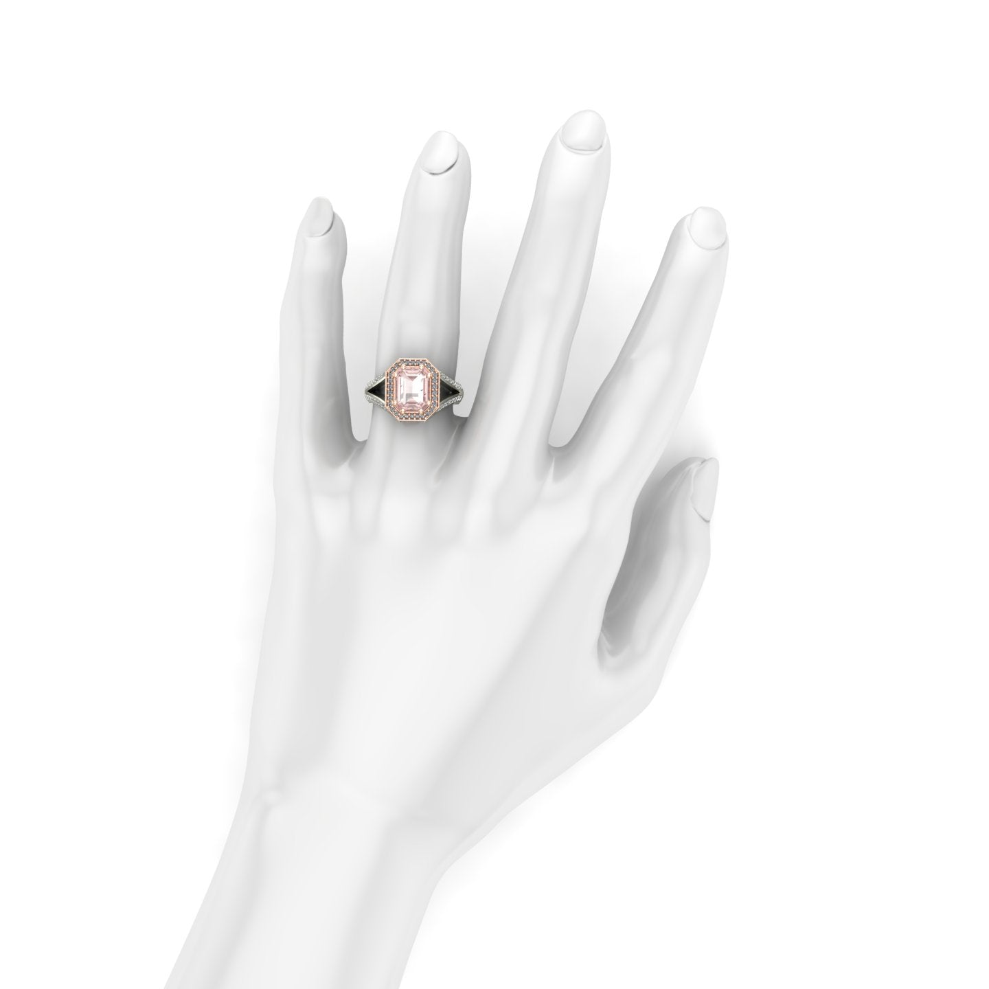 emerald cut morganite and diamond two tone split shank ring in 14k rose and white gold - Charles Babb Designs - on hand