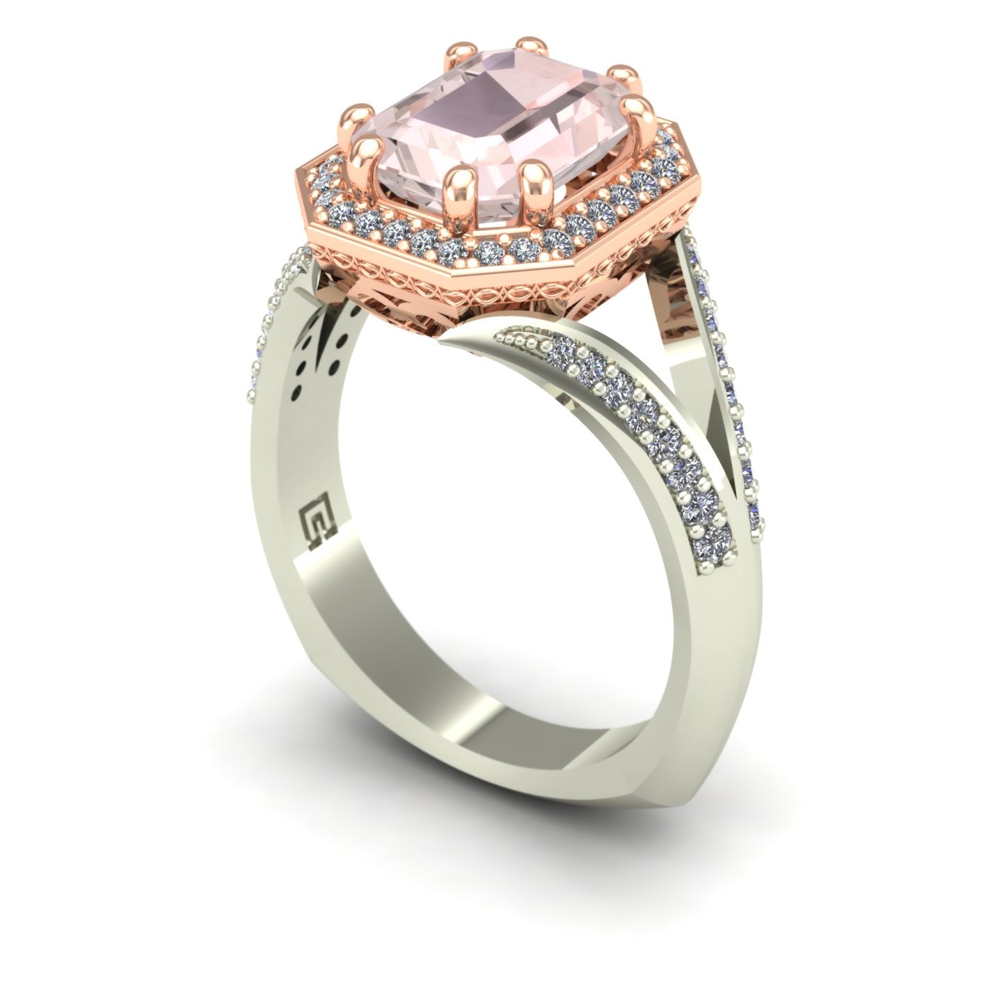 emerald cut morganite and diamond two tone split shank ring in 14k rose and white gold - Charles Babb Designs