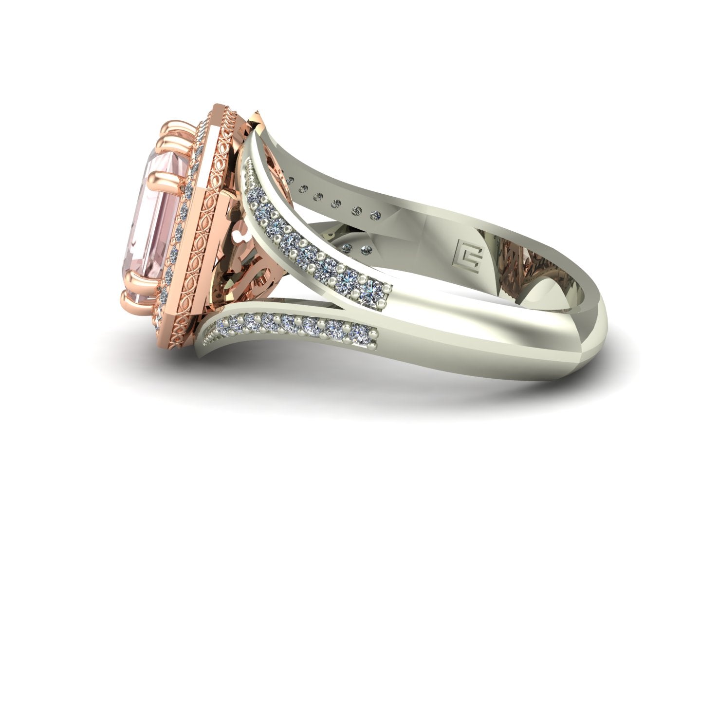 emerald cut morganite and diamond two tone split shank ring in 14k rose and white gold - Charles Babb Designs - side view