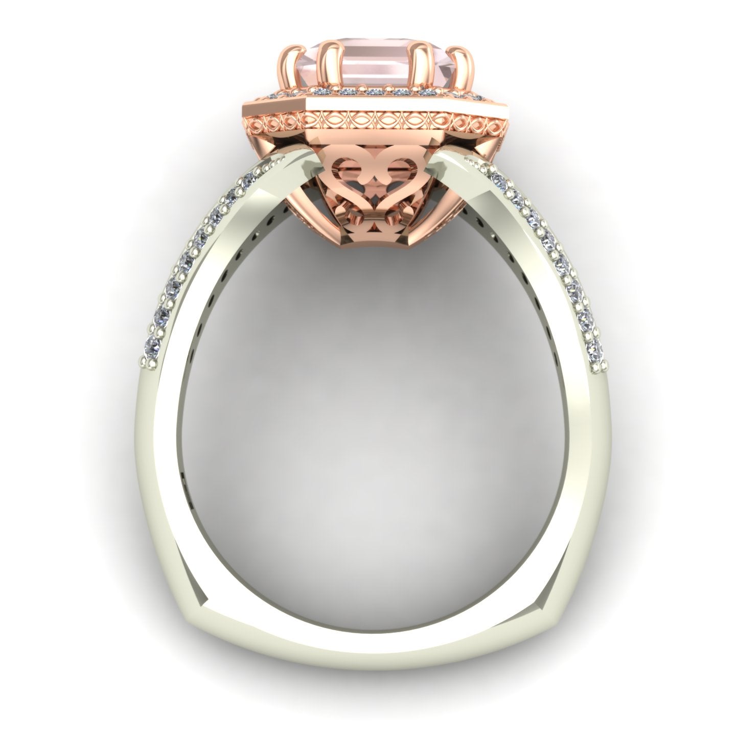 emerald cut morganite and diamond two tone split shank ring in 14k rose and white gold - Charles Babb Designs - through finger view