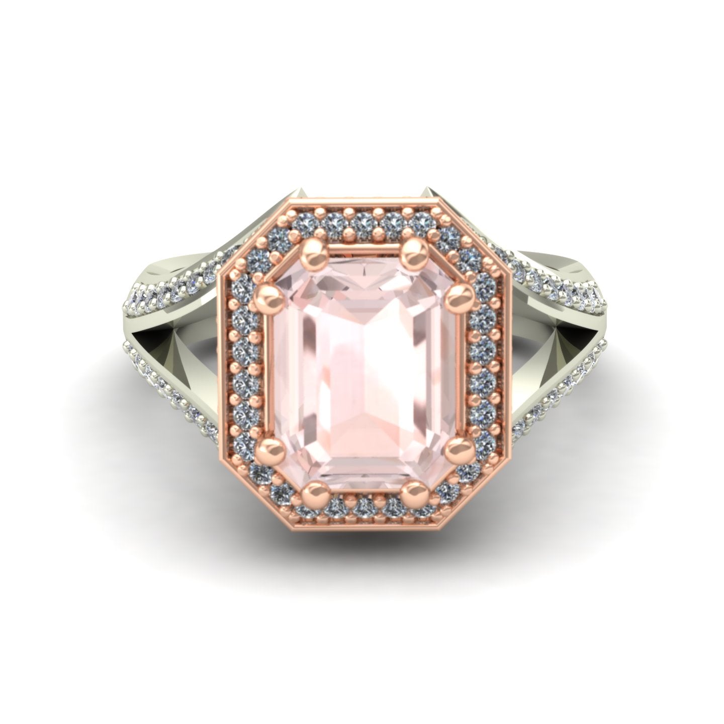 emerald cut morganite and diamond two tone split shank ring in 14k rose and white gold - Charles Babb Designs - top view